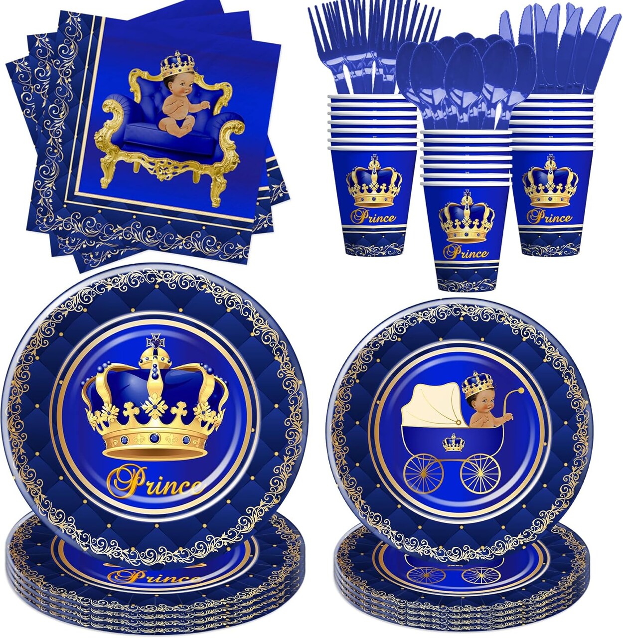 Royal Prince Baby Shower Decorations Party Tableware Boys(Blue, Gold)